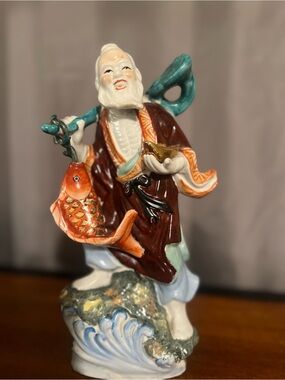 Vintage Multicolor Ceramic Figurine of Chinese fisherman